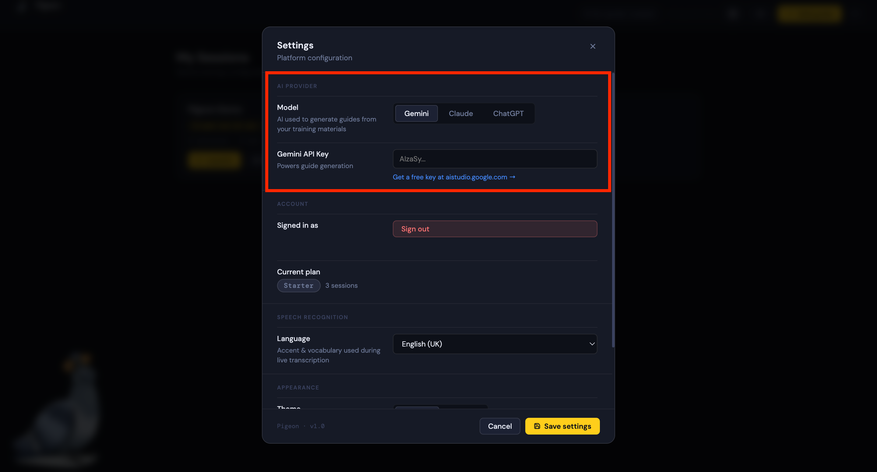 Settings panel — AI Provider section