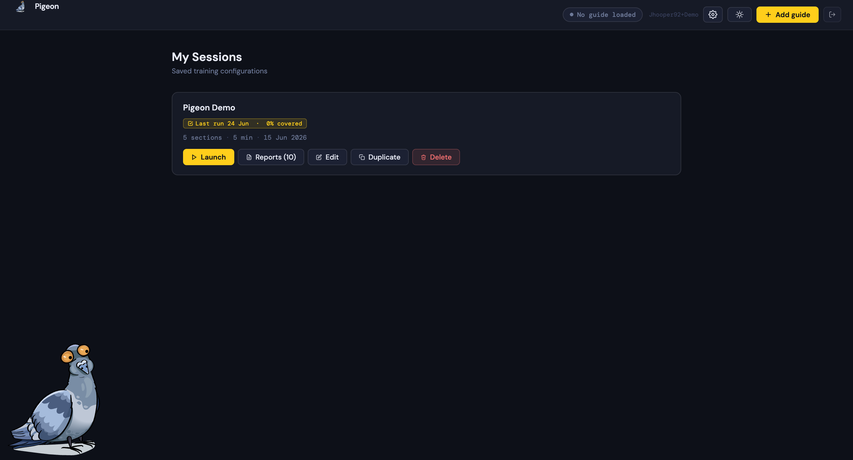 Sessions dashboard after first login
